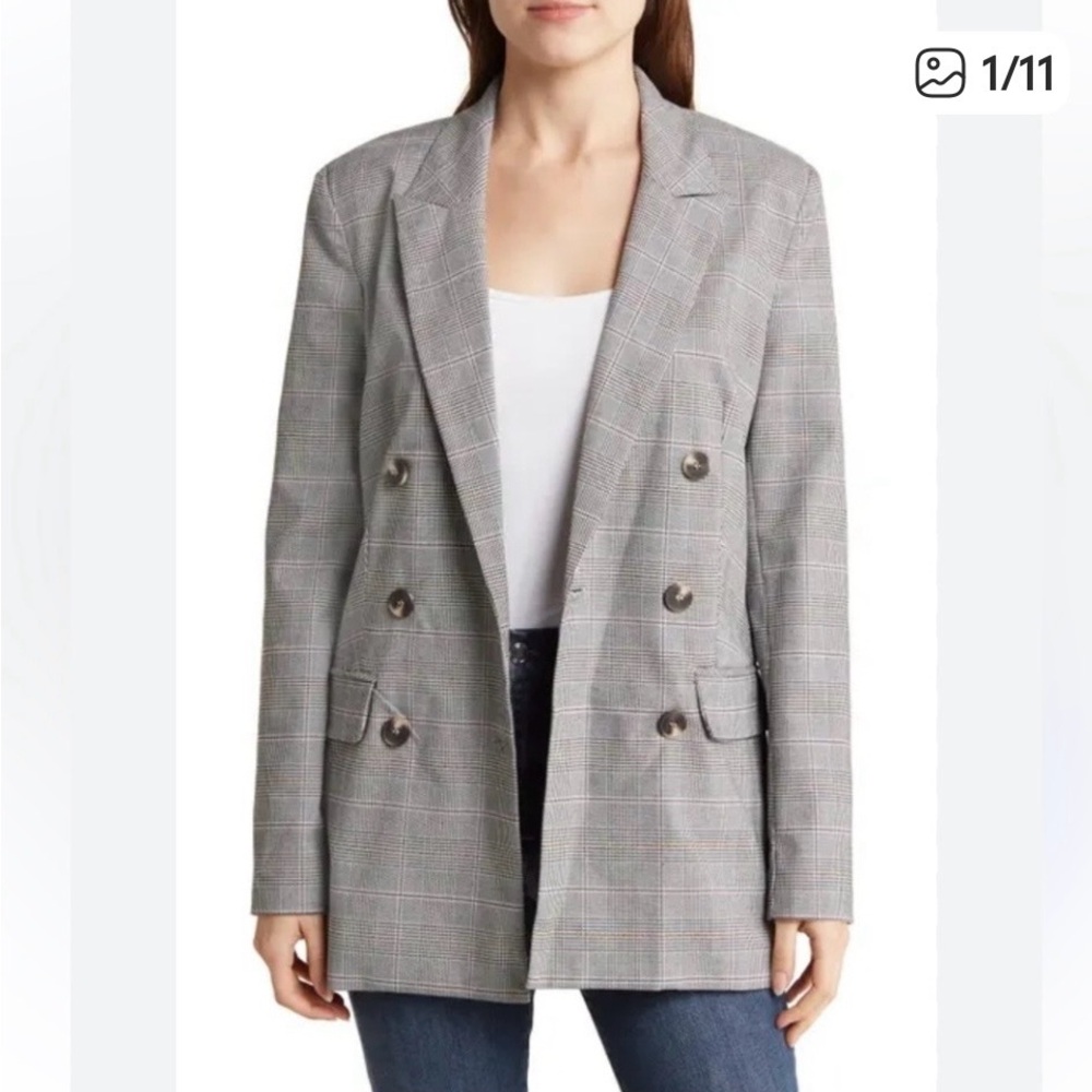 #506 Anthropologie Hutch Gray Plaid Double-Breasted Blazer. Size L